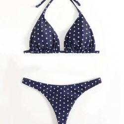 Blue And White Dots Thong Bikini Small