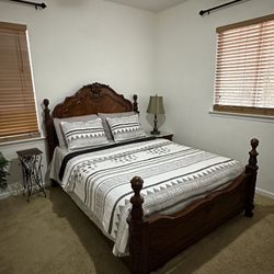 Solid Wood Queen Size Bed with Dresser & Small Accent Table