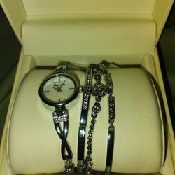 Anne Klein Sterling Silver Watch And Bracelet Set 