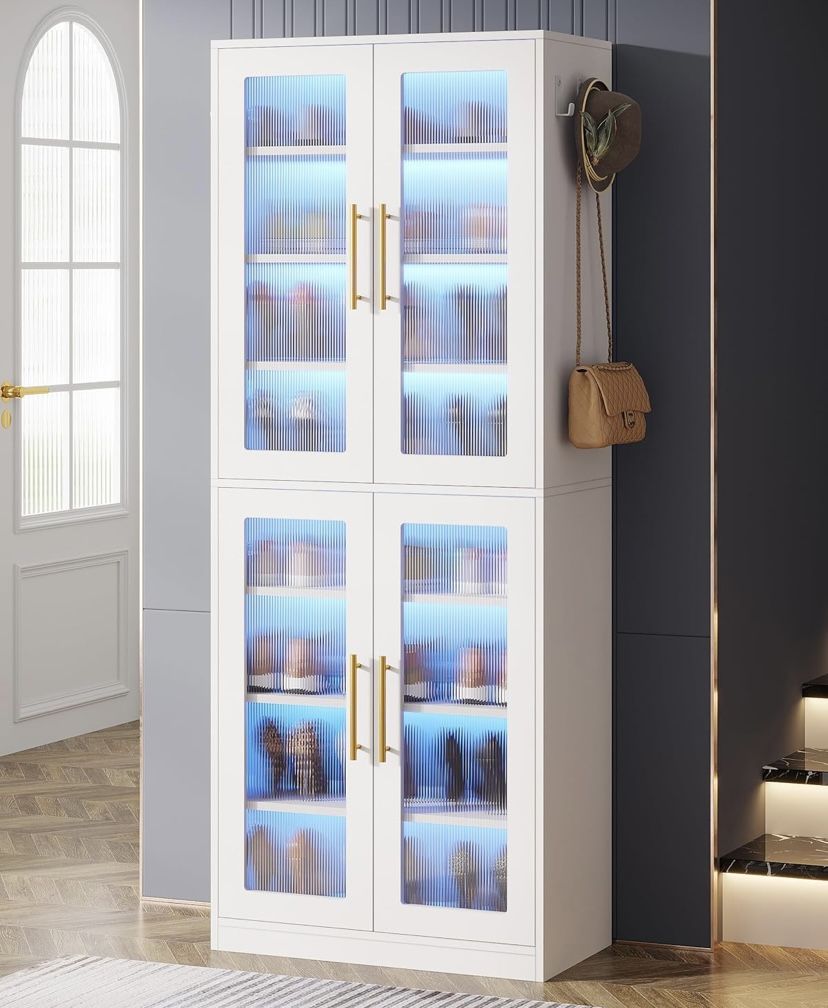 New assembled Tall Shoe Storage Cabinet with Acrylic Doors and LED Lights, 8-Tier Shoe rack
