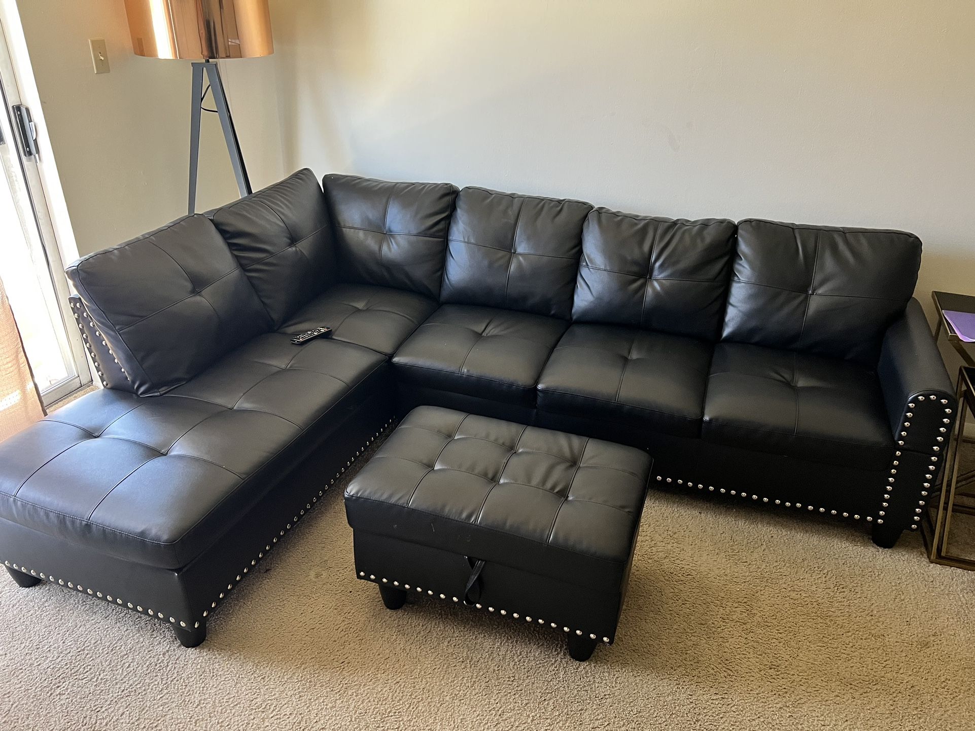 Sectional Couch Leather Black With Ottoman