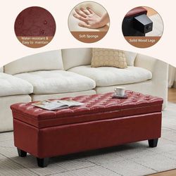 2466 $140  50" Faux Leather Storage Ottoman Bench, End of Bed Upholstered Rectangle Storage Ottoman Tufted Living Room Bedroom Bench with Safety Hinge