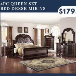 4pc Bedroom Set - Elegant Queen Sleigh Bed Dresser Mirror Nightstand $1795