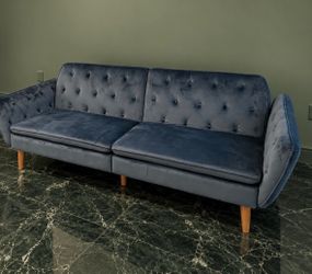 Blue Velvet Tufted Mid-Century Sofa