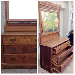 Late 18th century east lake dresser with three spoon carved drawers, swivel mirror and original hardware