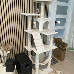 Beige White Car Tree Cat Tower Good Condition