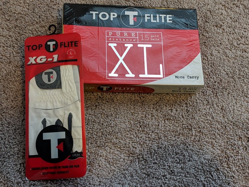 NIB Top Flite XL Pure Distance More Carry Golf Balls & Top Flite XG-1 Mens Left Glove