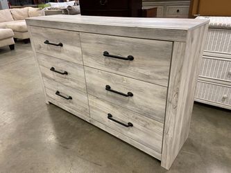 ASHLEY FURNITURE Rustic Grey Farmhouse 6 Drawer Lowboy Dresser with Black Rail Pulls