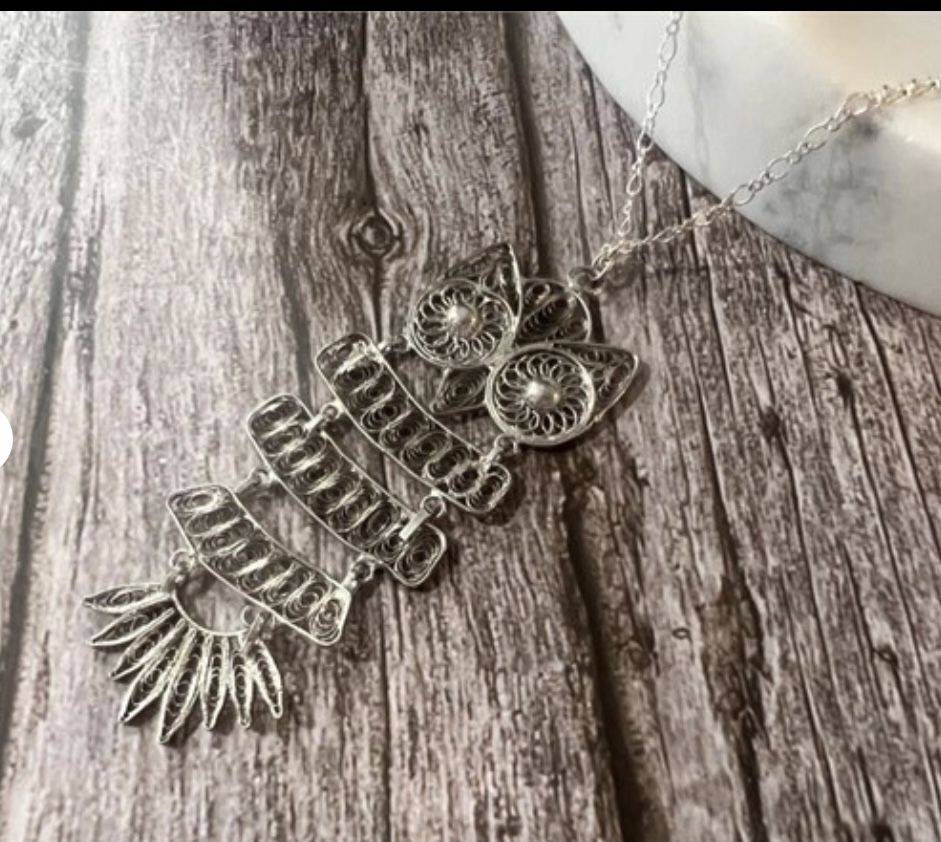 Oxidize Silver Filigree Owl Tiered Dangle Necklace