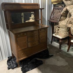 Antique Tiger Wood Oak Server with Mirror - $275