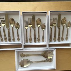 Vintage Inspired Gold Flatware Set of 5 & Serving Set