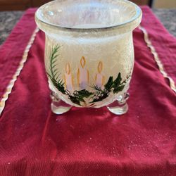 Vintage Heavy Frosted Glass Candle Holder Footed Christmas Hand Painted 4"