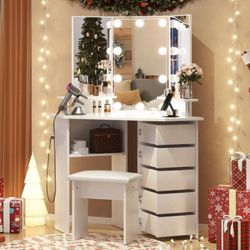 Corner Vanity Desk with 3 HD Mirrors and Lights, Makeup Dressing Table with Outlet, Vanity Station with 3 Color Lighting, Adjustable Brightness, 5 Rot
