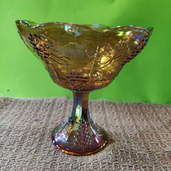 Indiana Amber Carnival Glass Grapes & Leaves Pedestal Bowl

