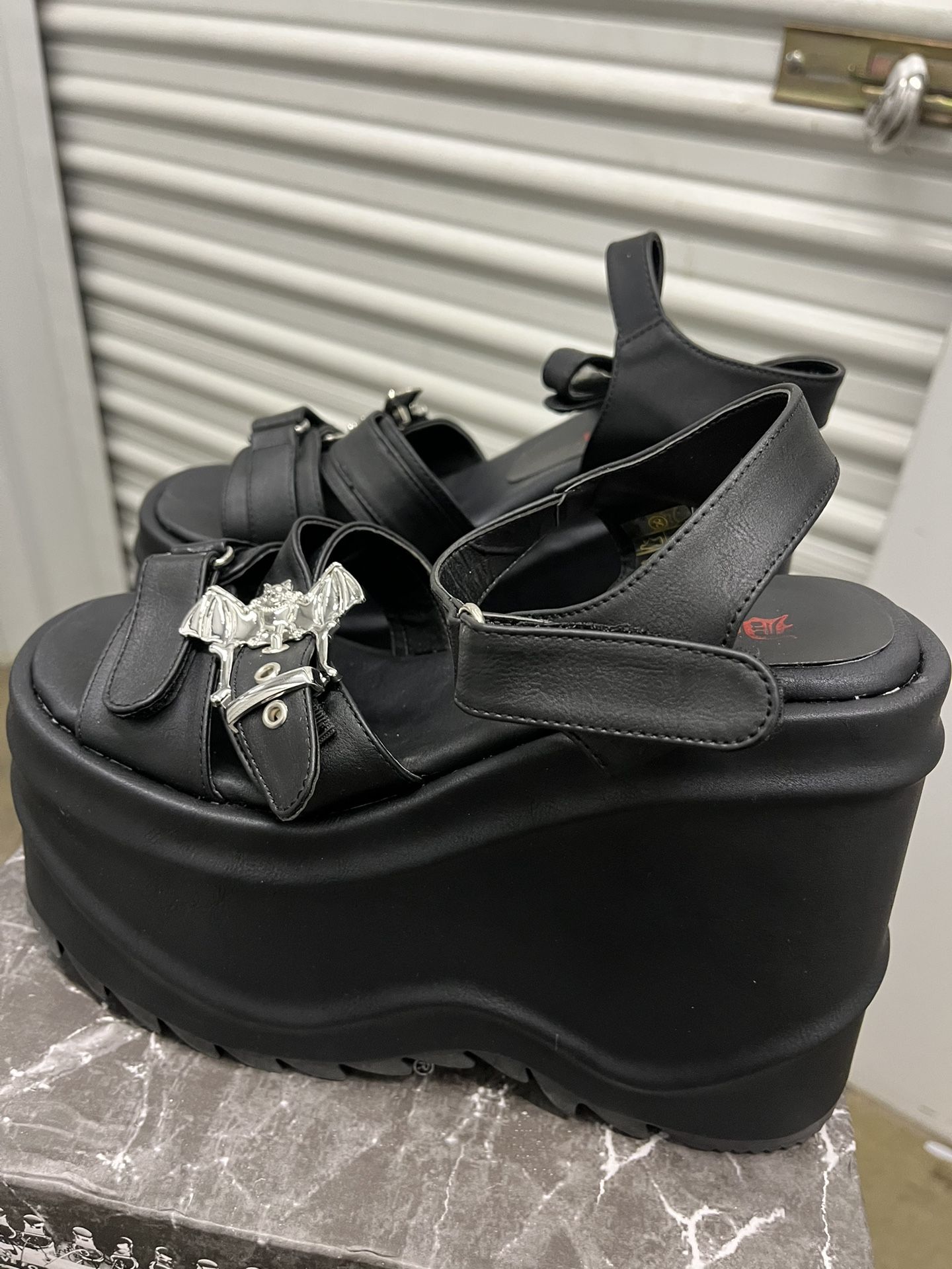 Demonia Black Platform Wedge Sandals Size 8