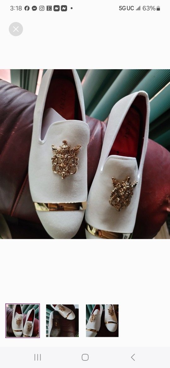 White W/ Gold Trim Velvet Like Men's Shoes