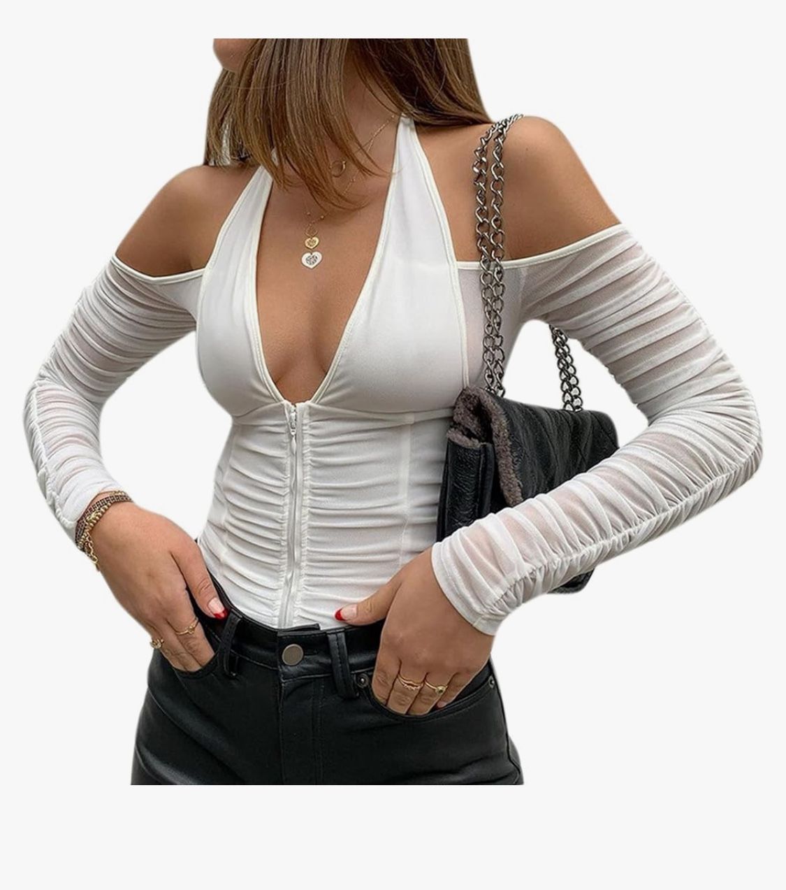 Women Sexy V Neck Off Shoulder Crop Top Halter Mesh Long Sleeve T Shirt Blouse Zipper Front Tee Top