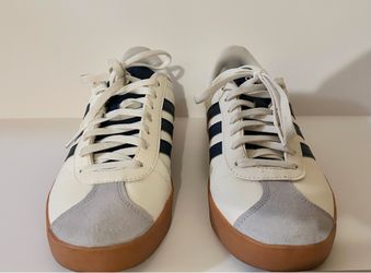 ADIDAS VL Court Base. White/ with navy blue stripes. Size 7.5 in Women.