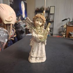 Gorgeous Angel Figurine Playing A Lute Or Mandolin- Textured Cream Colored With Detailed Wings Made Of High Quality Resin 7.5" Tall