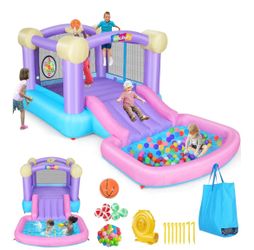 Whubefy Inflatable Pink Bounce House for Kids 2-8 with Ball Pit, 161x82x63 All-in-ONE Jump and Slide Water Park w/50 Ocean Balls, 6 Dart Target Balls,