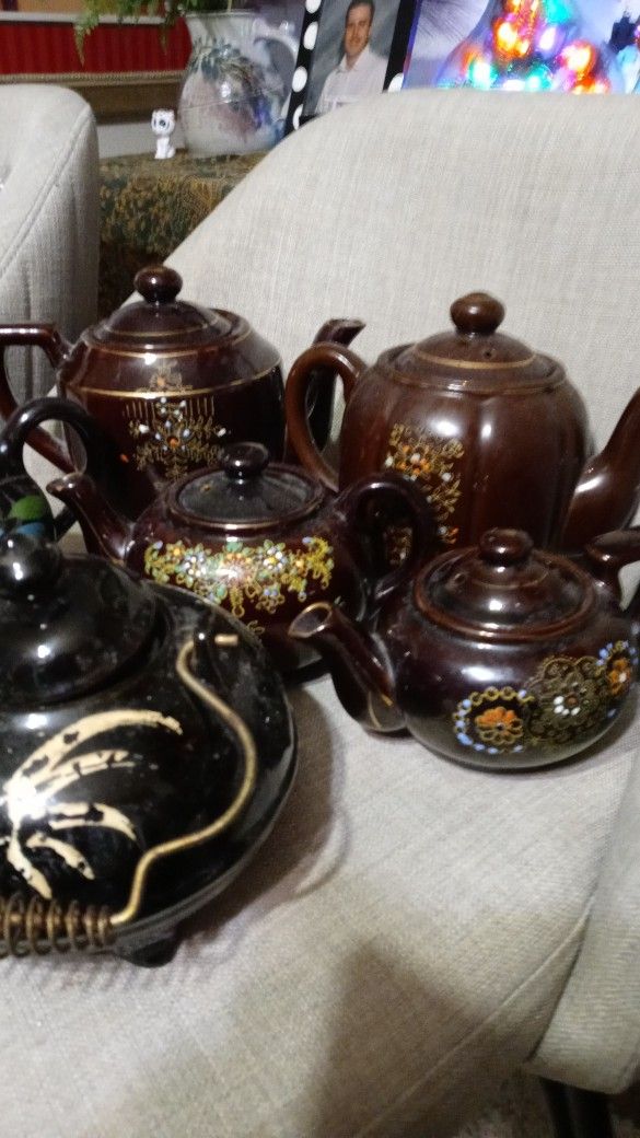 Set Of Six Hand-painted Asian Teapots