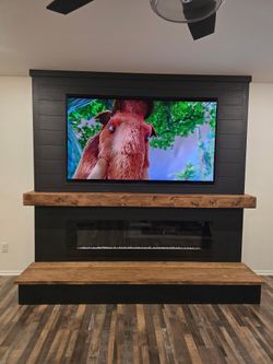 SHIPLAP WALL EXTENTION WITH MANTLE HEARTH AND STORAGE