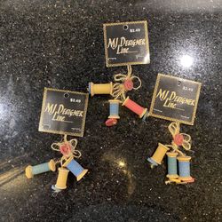 Vintage 1996 MJDesigns Wooden Spool Ornaments Decor Set of 3