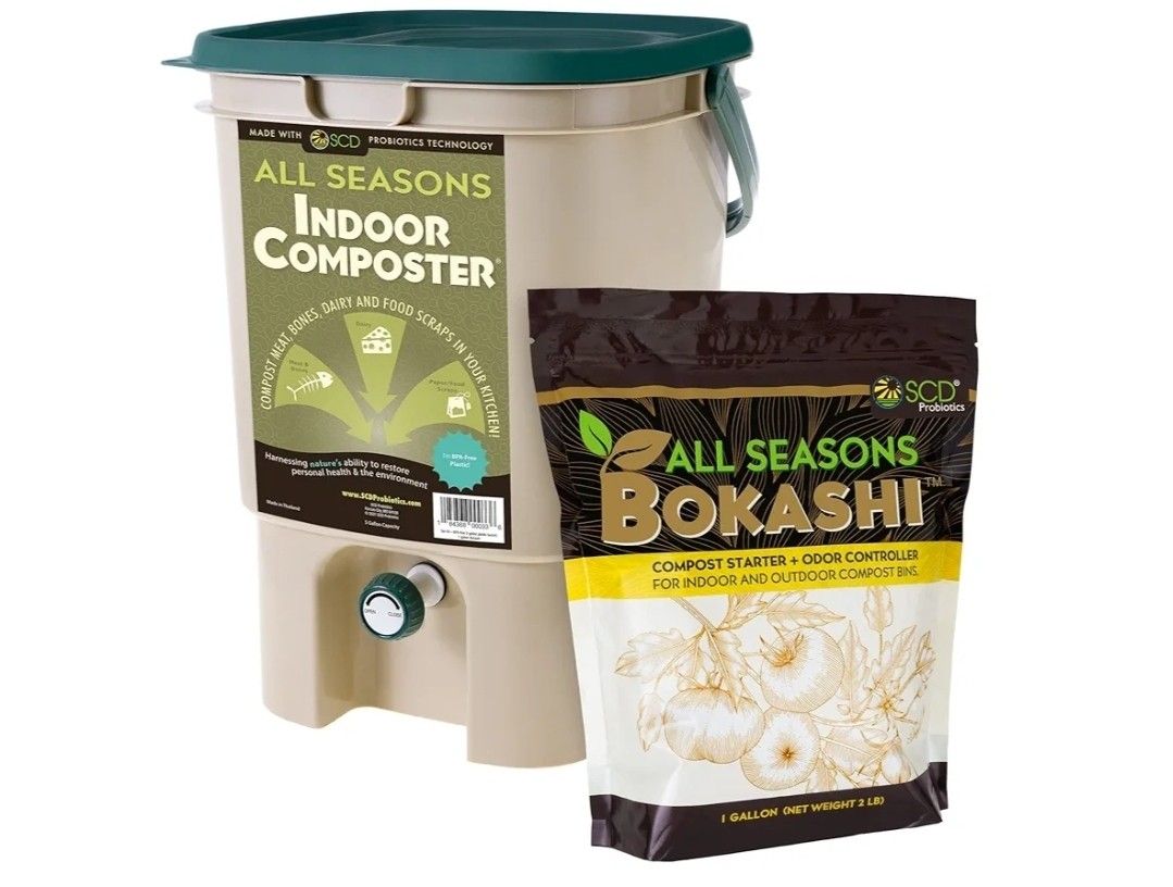 All Seasons Indoor Composter Starter Kit – 5 Gallon Tan Compost Bin For Kitchen Countertop With Lid, Spigot & 1 Gallon (2 lbs.) Bag Of Dry Bokashi Bra