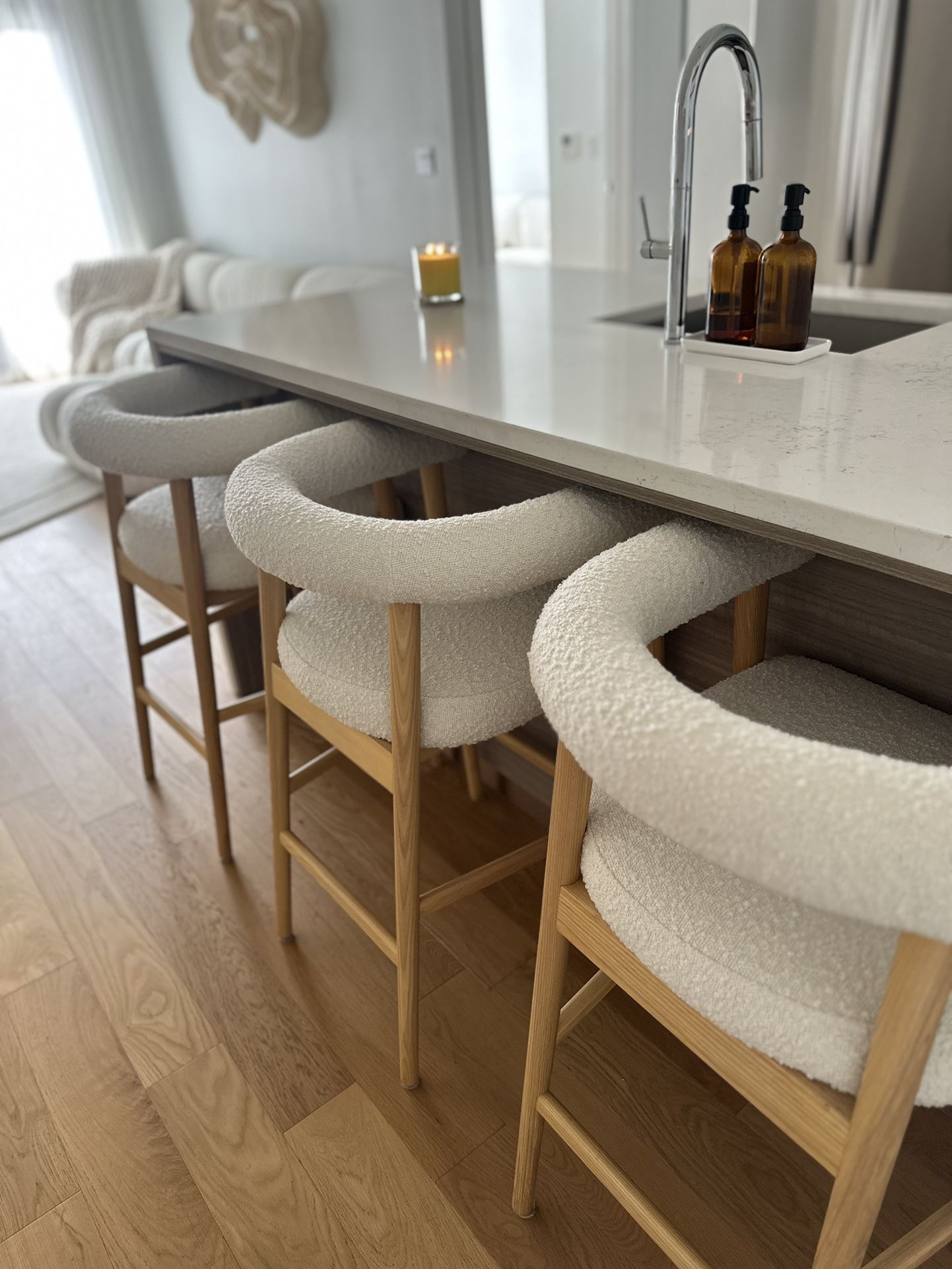 Taupe/Cream/Beige Boucle Counter Stool with Natural Wood Effect Legs