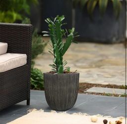 New- set of 2 Vintage Black Faux Cement Ribbed Planter, 12.4"H Tall Tapered Egg-Shaped Plastic Plant Pot with Drainage Hole & Plug, Large Modern Indoo