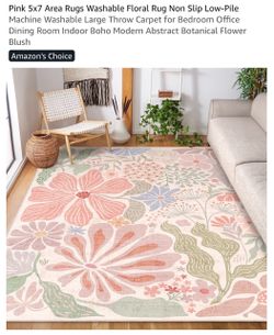 Pink Floral Washable Area Rug 5x7