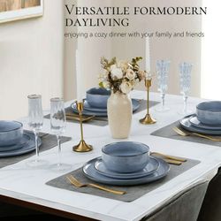 Vesteel Dinnerware Sets for 4, 12-Piece Stoneware Dish and Bowls Set, Handmade Reactive Glaze Coupe Plates Set, Chip & Scratch Resistant - Uranus Blue