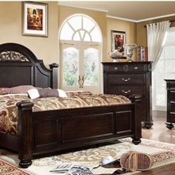 Brand New Dark Walnut 4pc Queen Bedroom Set (Available In California & Eastern King Size)