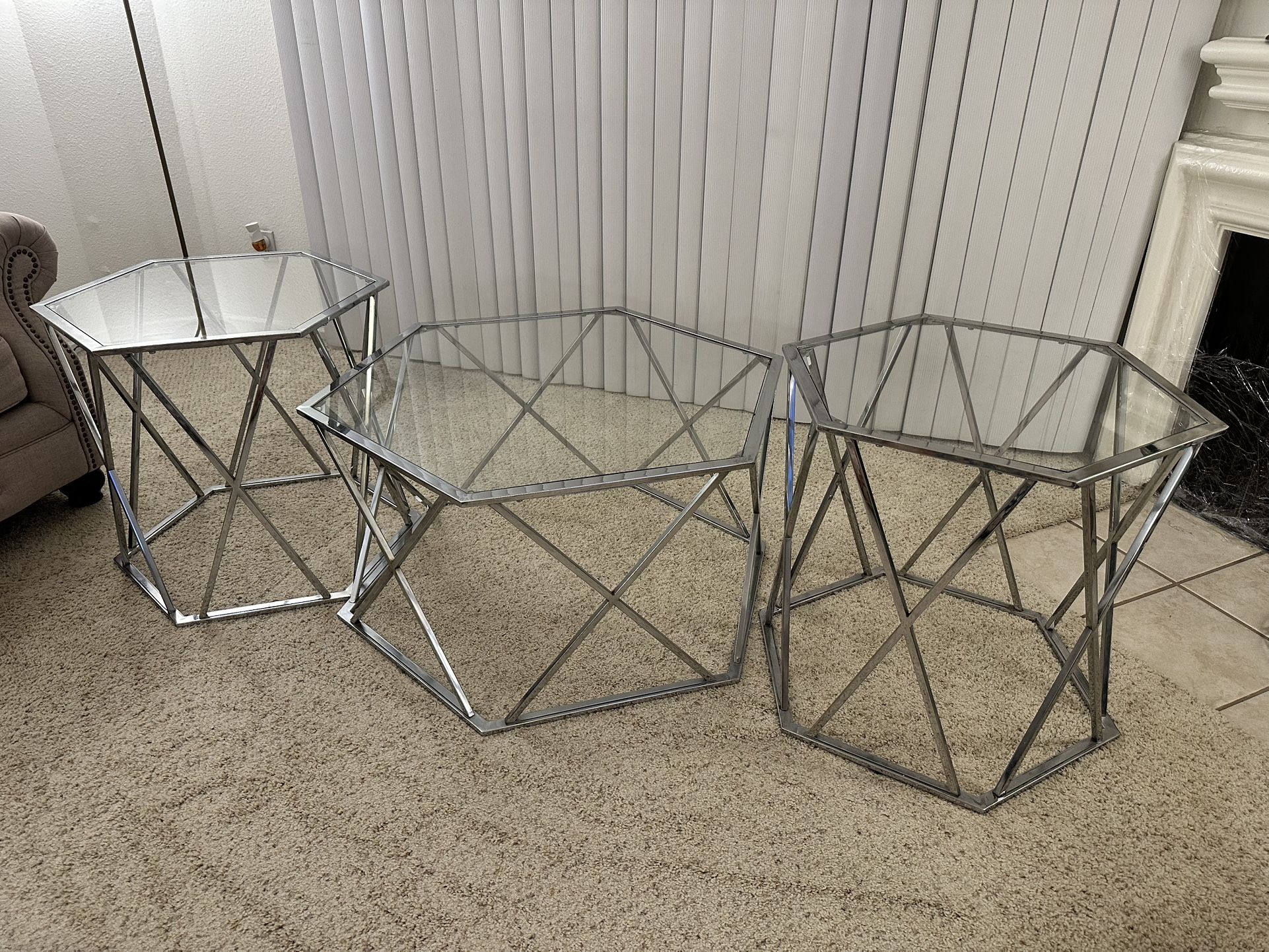 (3) Modern Glass Coffee Table And End Tables
