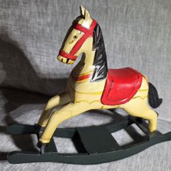 Vtg Hand Painted Carved Wooden Rocking Horse Collectible Figurine 
