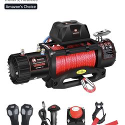 RHINOVAL 13000lb Electric Winch, Synthetic Rope, Battery Disconnect Switch, Low Profile Control Box, 12V, IP67 Waterproof, Wireless Remote, for Offroa
