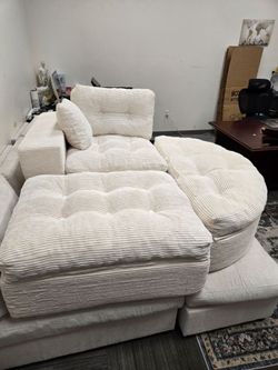 Cream Corduroy Sectional Sofa with Ottoman