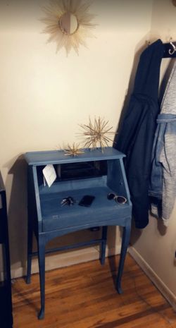 Repurposed secretary table entry way table side table or nightstand refinished blue
