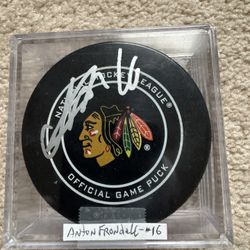 ANTON FRONDELL-Game PUCK Signed,  NEW SUPERSTAR Forward/Center, 3rd pick 2025, Side-by-Side BEDARD