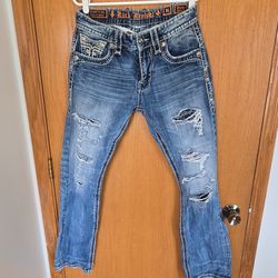 Rock Revival Straight Distressed Blue Denim Jeans Embroidered Logo Men's