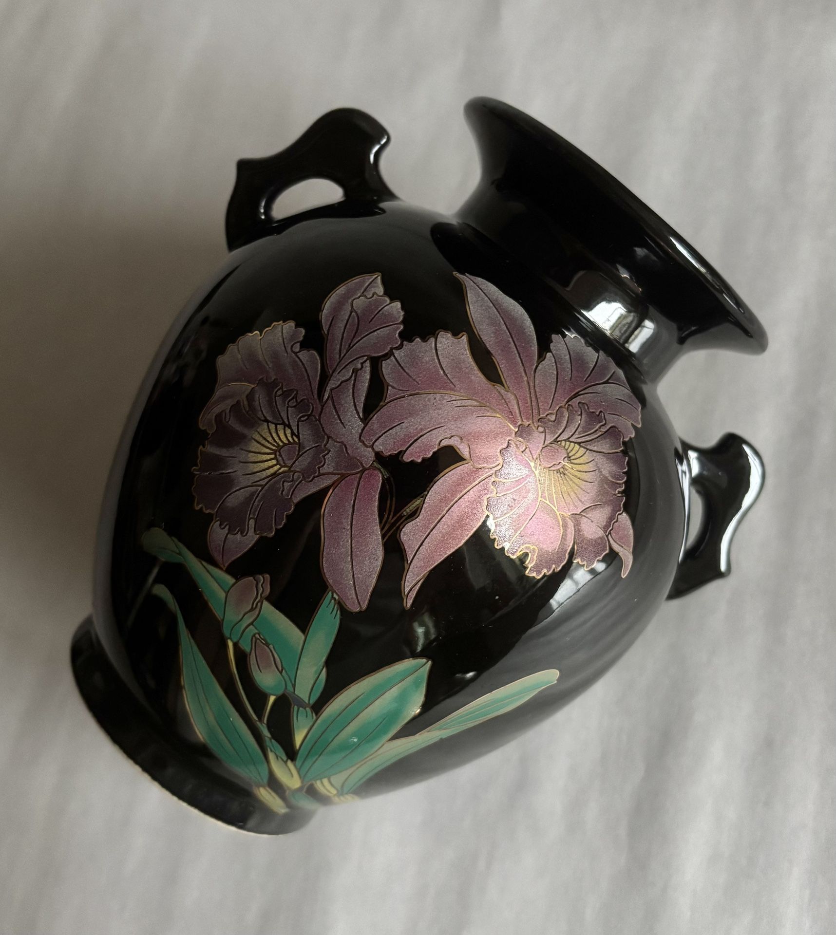 Vintage Black Double Handled Vase With Purple Orchid Design