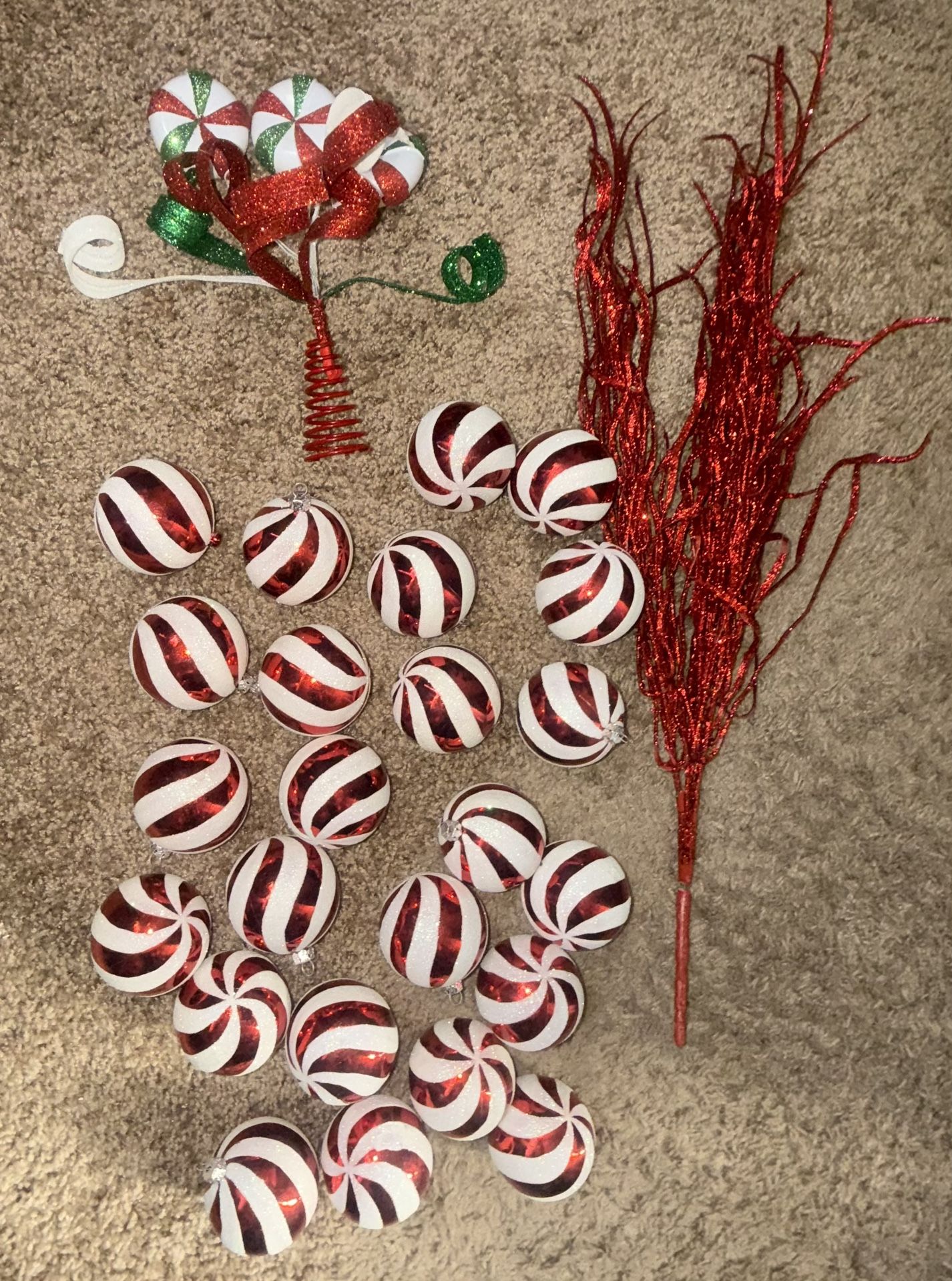 24 Candy Cane Striped Xmas Ornament Ms, A Tree Topper & Red Holiday ...