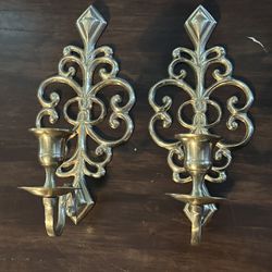 2 Vintage Gold Ornate Candle Sconce Brass Cast Metal Wall Candle Holders