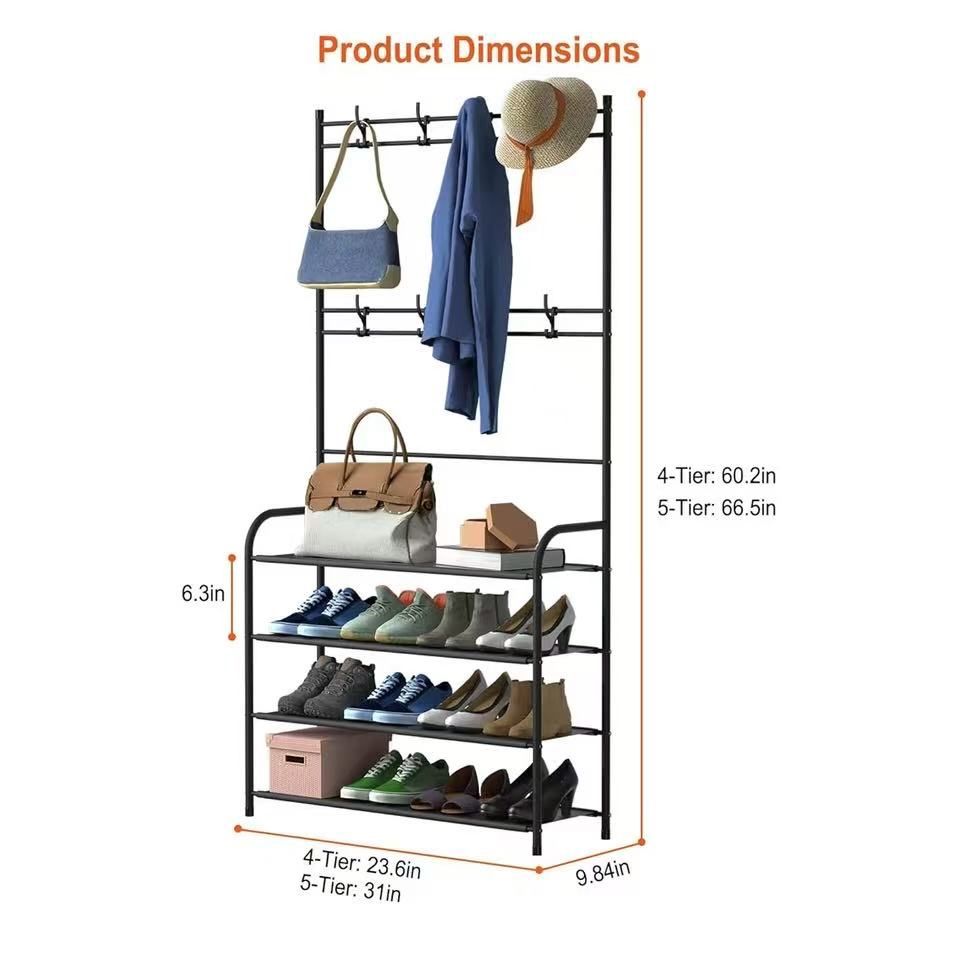 Entryway Shoe Rack, Coat Rack Shoe Rack with Hanging Rod and Hooks, Coat and Shoes Organizer Shelf for Living Room, Bedroom and Office (5 Tier)