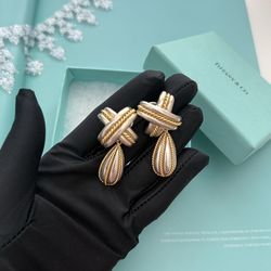 Tiffany & Co 1990 Vintage Signature X Rope Dangle Drop Clip On Earrings in Sterling Silver & 18k Yellow Gold. Large and Rare.