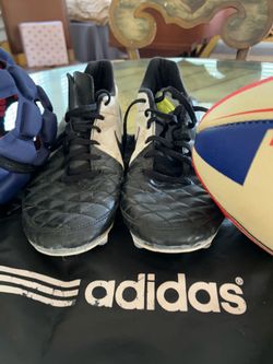 Nike size 12 cleats, rugby ball and headgear Adidas bag Nike size 12 cleats, rugby ball and headgear Adidas