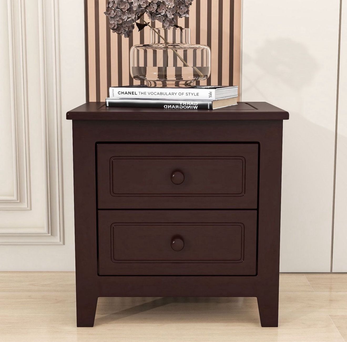 NEW LOVMOR 2-Drawer Nightstand for Bedroom Mid Century Retro Bedside Table with Classic DesignDark