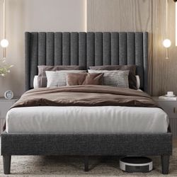 Yaheetech Full Bed Frame Upholstered Platform Bed with Fabric Headboard, Wing Edge Design/Non-Slip and Noise-Free/Wooden Slats Support/No Box Spring N