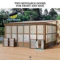 12x14 ft. Lean-to Sunroom Wall Mounted Solarium with Sloping Polycarbonate Roof and 2 Lockable Sliding Door