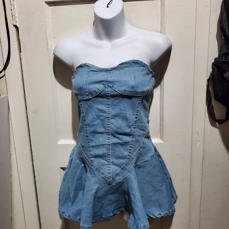 Women's Strapless Denim Dress Bodycon Off Shoulder Corset Tube Sleeveless Size S